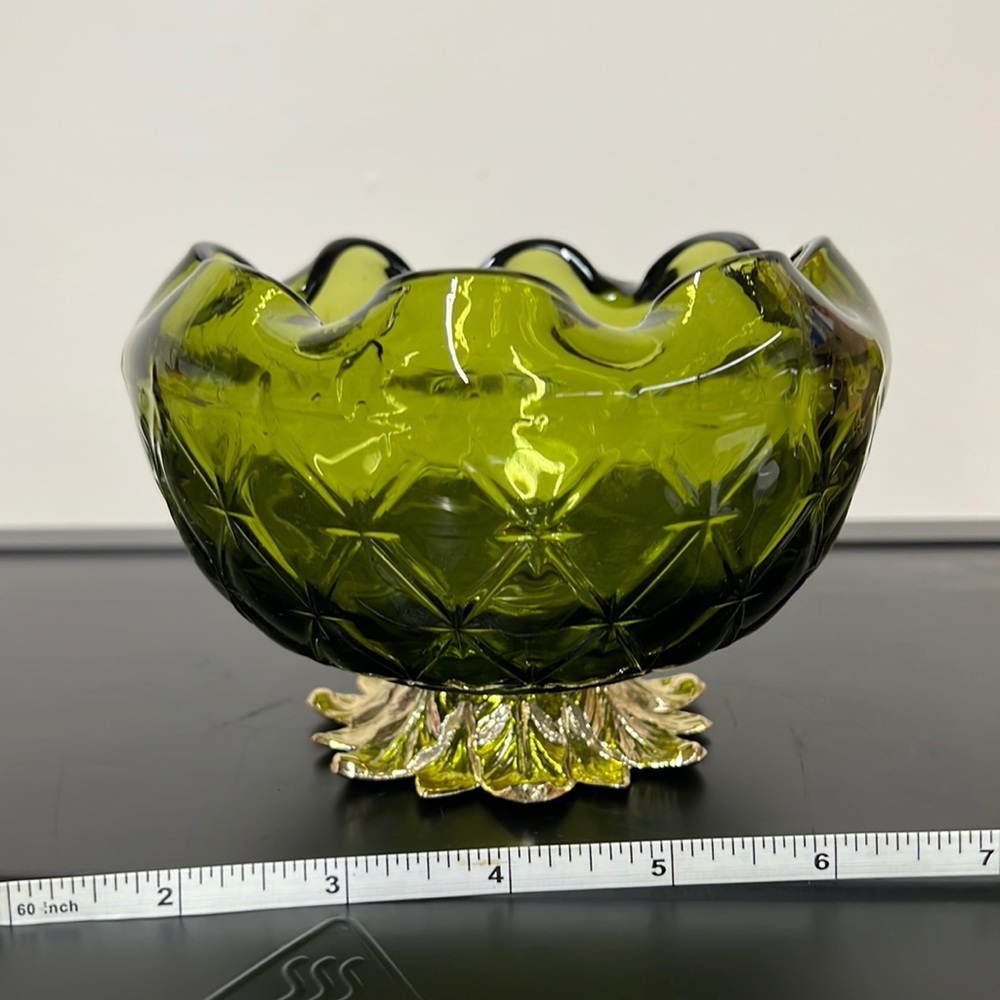 New vintage Green Glass Pineapple Bowl With Gold metal base